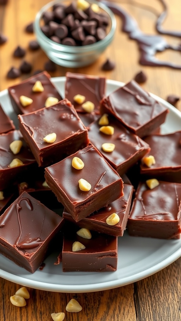 A plate of rich chocolate fudge squares, garnished with nuts, on a rustic wooden table.